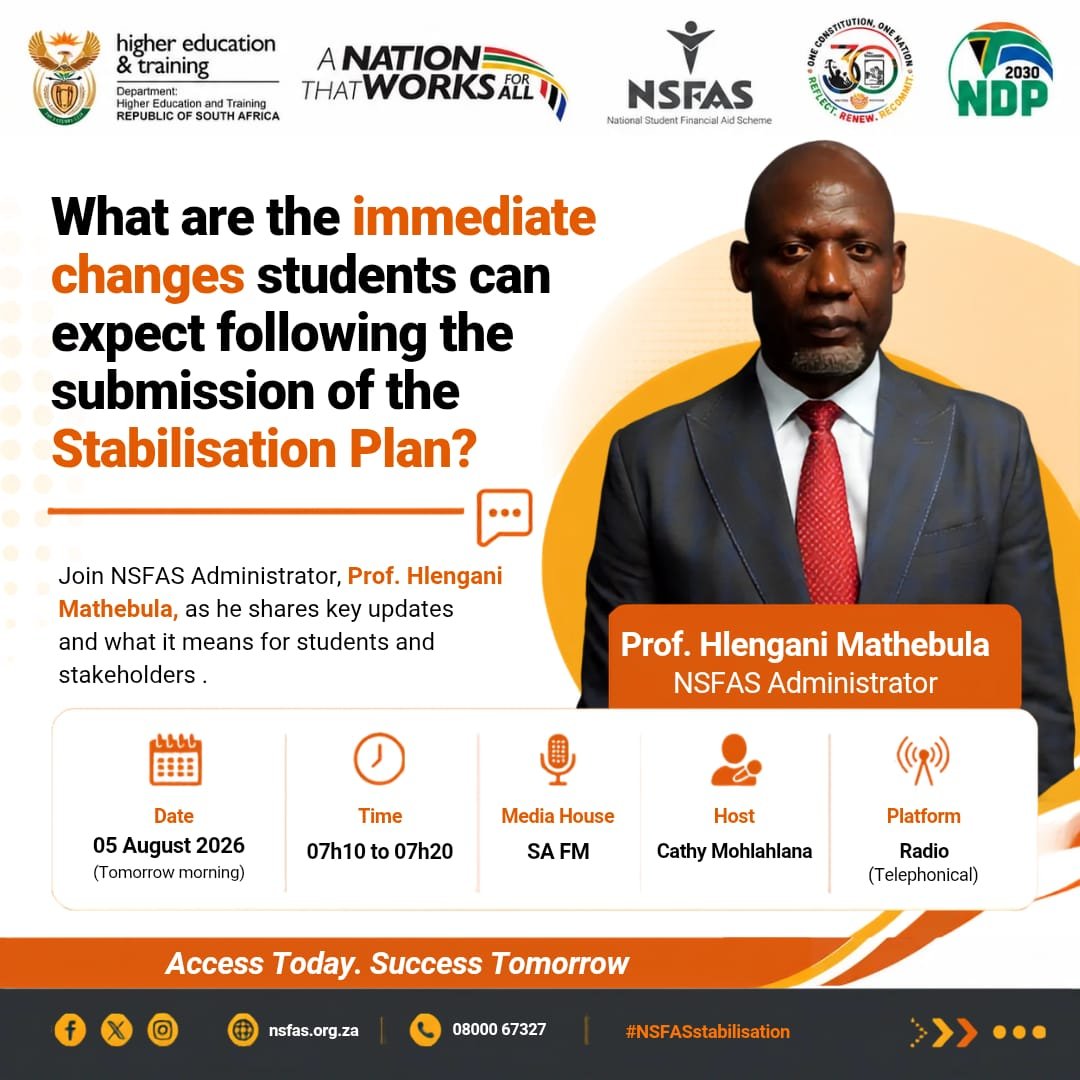 myNSFAS's tweet photo. What immediate changes can students expect following the submission of the Stabilisation Plan?

📅 05 August 2026 | ⏰ 07:10–07:20
📻 SA FM | Telephonic Interview

Access Today. Success Tomorrow.
#NSFASStabilisation #NSFAS #AccessTodaySuccessTomorrow https://t.co/U9Tp8yLCCh