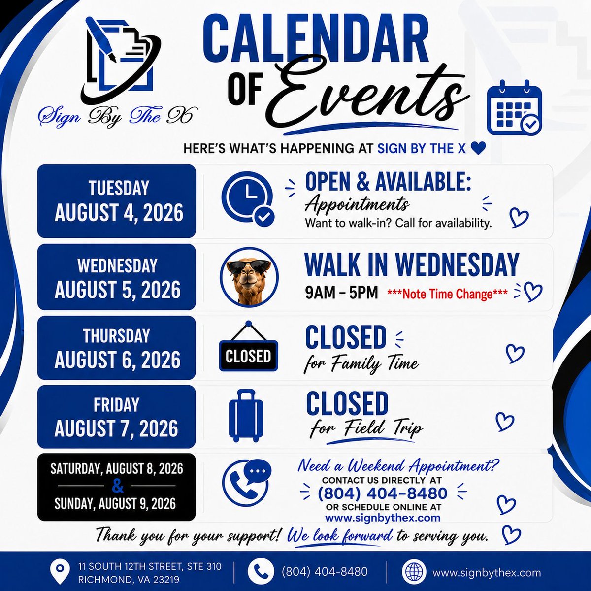 SignByTheX's tweet photo. Need a notary this week?
๐
Tues: Appointments Available
๐ช Wed: Walk-In Wednesday
๐ 9AMโ5PM (Note Time Change)
๐ก Thurs: Closed for Family Time
๐งณ Fri: Closed for a Field Trip
Weekend appointments available:
๐ (804) 404-8480
#RichmondVA #SignByTheX #NotaryPublic #Apostille https://t.co/hXGAVu0sZd