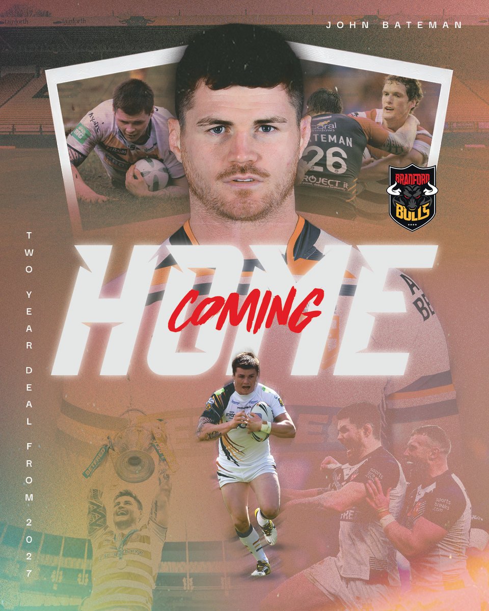 OfficialBullsRL's tweet photo. 🤩 | That's right, Bulls fans - he's coming home!

🤝 | As revealed on our website at 6pm, we're delighted to announce the signing of John Bateman on a two-year deal - and we hold the option of a third!

🙏 | With thanks to @bulls_squad for their support!

📲 | Full Details & Reaction: https://t.co/PfREsvSW7u

#RunWithTheBulls
