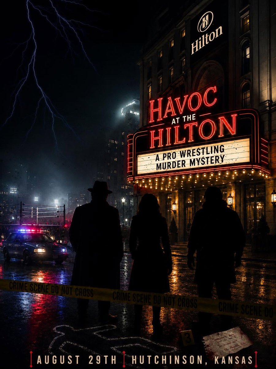 VisitHutch's tweet photo. Pro wrestling + murder mystery? You can find that "killer" combo at 'Havoc at the Hilton,' August 29, 7 pm! 🔍🥊

Head to the Hilton Garden Inn &amp; Conference Center for an evening of exciting live professional wrestling action. 

More: https://t.co/jXhAp6uYIB https://t.co/QhJRitx0ol