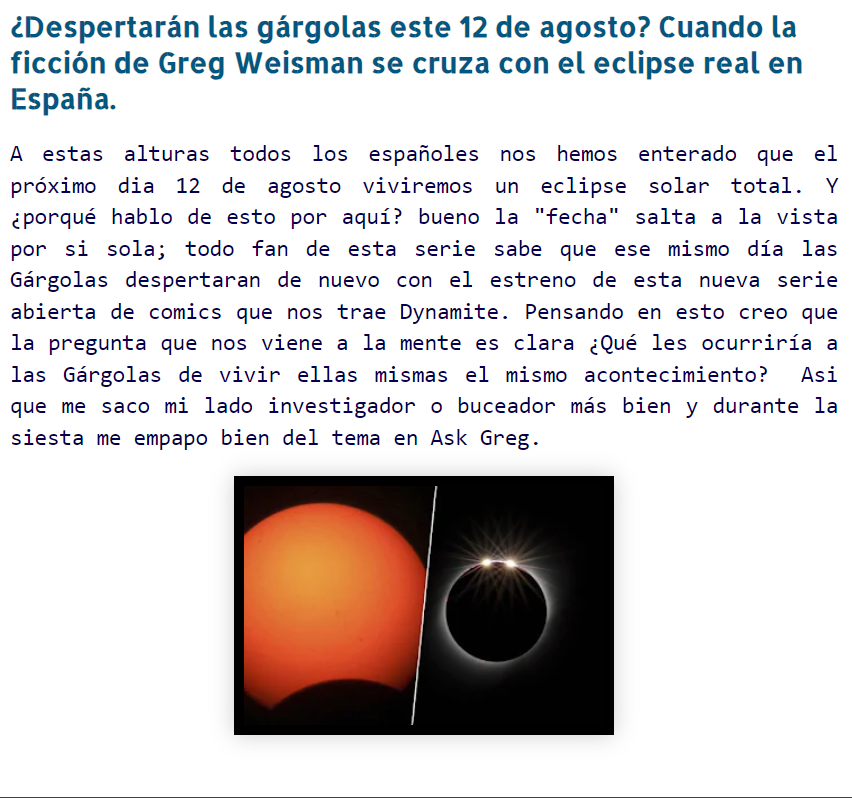 GargSpain's tweet photo. ¿Despertarán las gárgolas este 12 de agosto? Cuando la ficción de Greg Weisman se cruza con el eclipse real en España.🌑🦇
Doble cita inaludible para día 12 mientras esperas
lee el artículo completo 
👇🔗 https://t.co/YKwYx7Tk6K

#Gargoyles #GregWeisman #Eclipse2026 #Astronomía https://t.co/vzzf7BUJvt