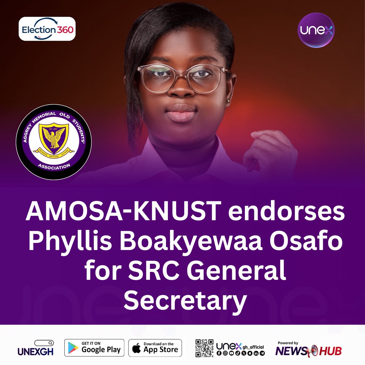 unexgh_official's tweet photo. Phyllis Boakyewaa Osafo picks up fresh backing as the Aggrey Memorial Old Students’ Association (AMOSA), KNUST Chapter endorses her SRC General Secretary bid.
#ELECTION360 #KNUST #UNEXGH https://t.co/xJrtFFnrRZ