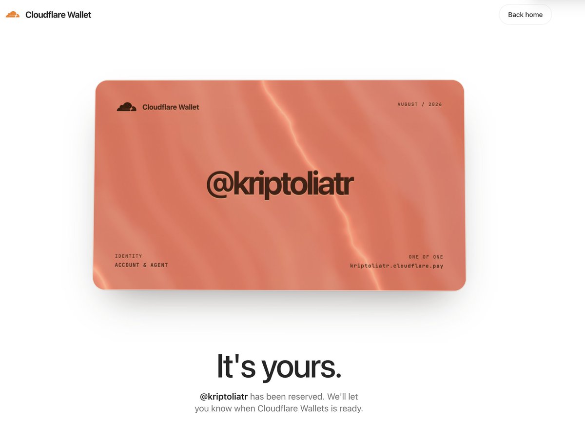 KriptoliaTR's tweet photo. Her sitede karşılaştığımız Cloudflare kripto cüzdan çıkarıyor - airdrop için yerimizi alalım 👀

Cüzdan için username tarzında bir şey claim edebiliyoruz, aldım ne olur olmaz.

Claim link: https://t.co/GeSFAsRgKO

- Kullanıcı adınızı belirleyip, google vb. ile giriş yapıp handle'nizi claim edin.

Çok büyük olduğu gibi aklı varsa güzel airdrop atar. Web2 şirketinin bu şekil alana girmesi güzel bir token falan gelirse en erkenci olmuş olacağız. Discord, IBM gibi önde gelenler bunların altyapısını kullanıyor. Bir şey de olmayabilir sadece 10 saniye alıyor alın dursun.