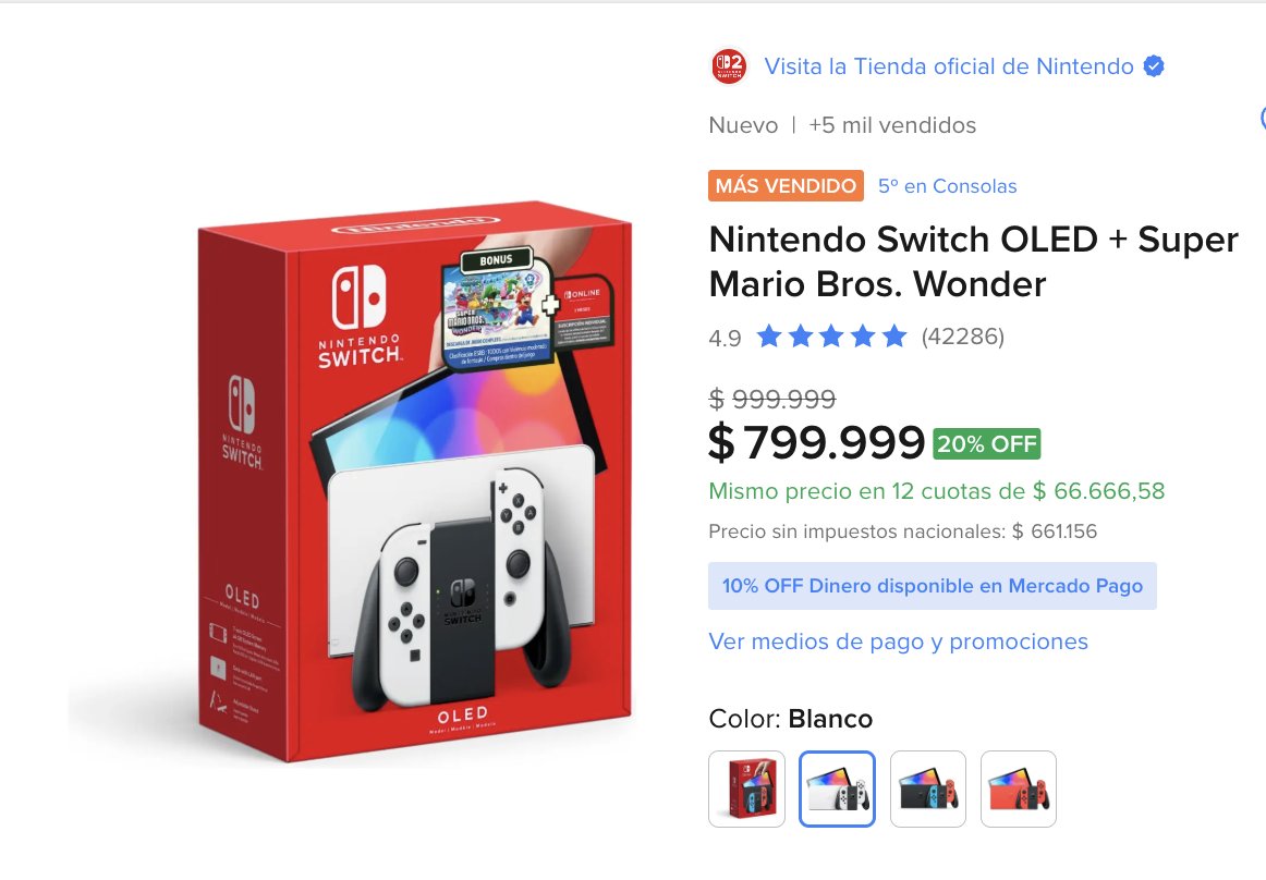 ElChadOfertas's tweet photo. 🍄 LA NINTENDO SWITCH OLED BAJÓ $200.000.

Antes $999.999.
Ahora $799.999.
https://t.co/G5JDUktGyS

Incluye Super Mario Bros. Wonder y se puede pagar en 12 cuotas. https://t.co/GHYrVgzR2f