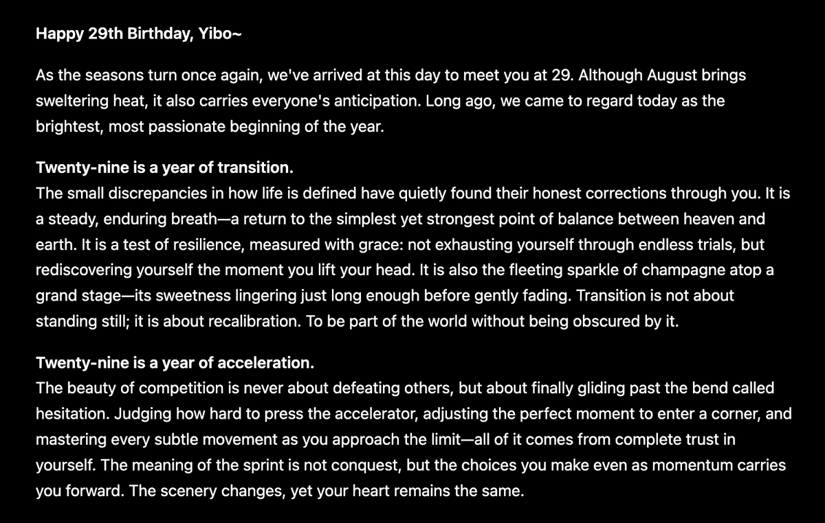 coolcoriander's tweet photo. YIBO-OFFICIAL weibo

Happy 29th Birthday, Yibo~
Twenty-nine is a year of transition.
Twenty-nine is a year of acceleration.
Twenty-nine is a year of balance.
May you have serenity and passion.
May you embrace countless possibilities.

#WangYibo_29Birthday
Yibo 29th Birthday https://t.co/ZTVCFxT41n