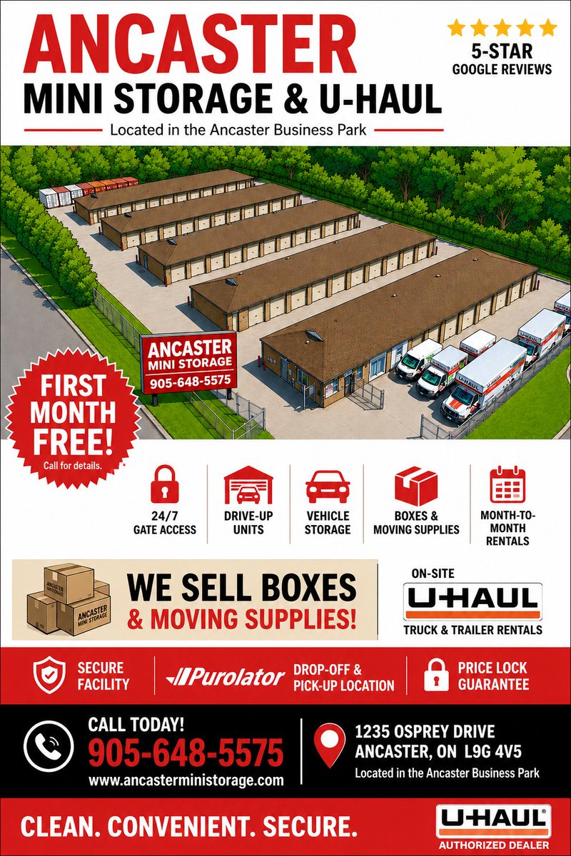Ancasterstorage's tweet photo. Let us help look after all your moving and self storage needs. Call now 905-648-5575 @ancaster @hamiltonchamber https://t.co/B1NFB2g7mY