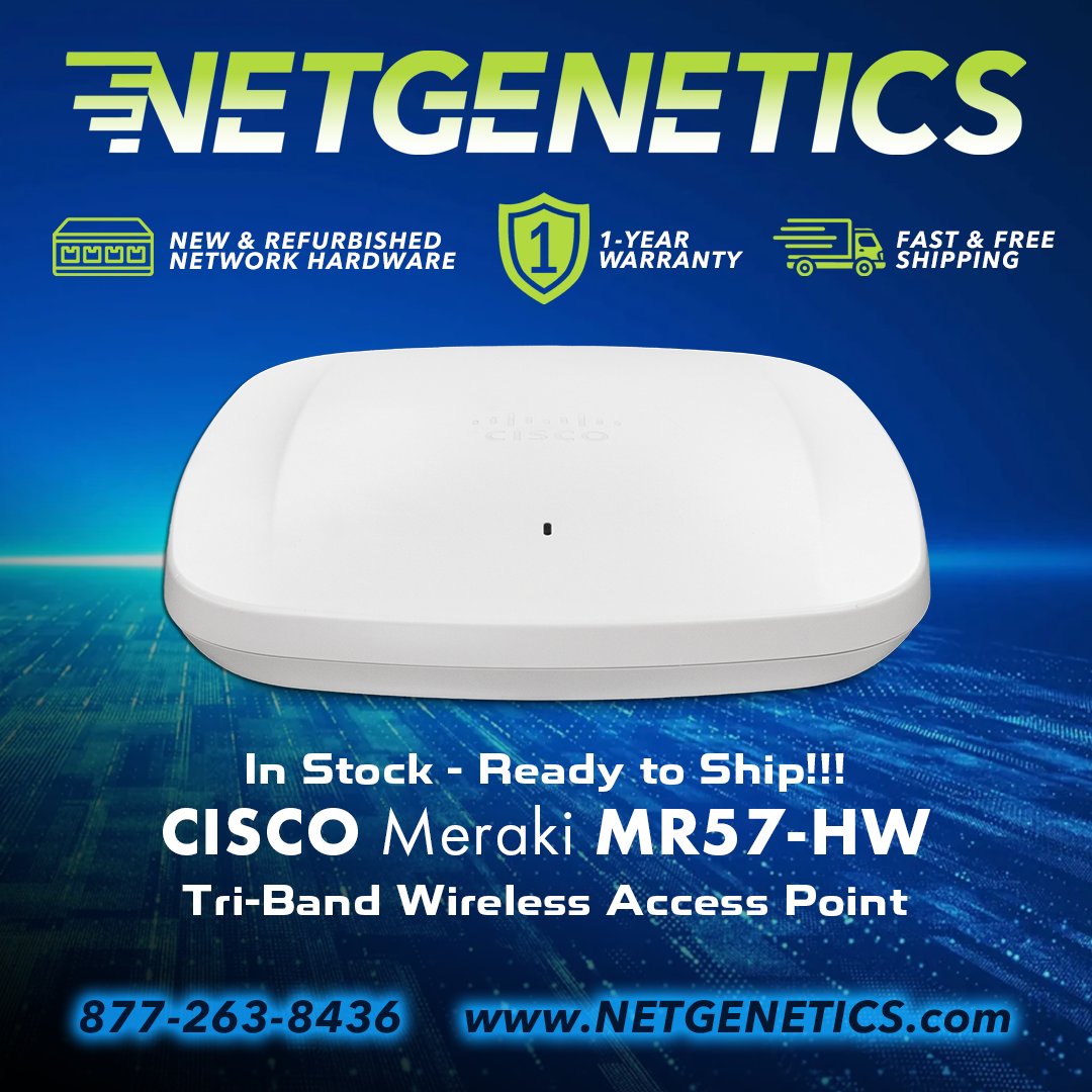 GeneticsNet's tweet photo. 🚀 Upgrade to Enterprise Wi-Fi 6E with the Cisco Meraki MR57-HW! https://t.co/ymM9XlsvAn

Power your network with the Cisco Meraki MR57-HW, a high-performance cloud-managed access point built for today's demanding wireless environments. Featuring tri-band Wi-Fi 6E, dedicated security and RF radios, and multi-gigabit connectivity, the MR57 delivers blazing-fast performance, exceptional coverage, and effortless cloud management. Designed for high-density offices, schools, healthcare, retail, and enterprise deployments, it's ready to handle your most demanding users and applications.

✅ NEW MR57-HW Access Points Available
✅ Unclaimed & Ready for Deployment
✅ Fast Shipping
✅ Competitive Pricing

📩 Contact Netgenetics today for pricing and availability!

#Cisco #Meraki #MR57 #WiFi6E #WirelessNetworking #EnterpriseWiFi #CloudManaged #Networking #ITInfrastructure #NetworkUpgrade