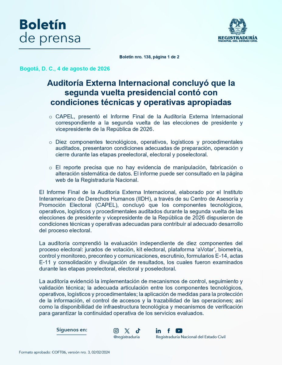 ELTIEMPO's tweet photo. 🗳️ "No se identificaron hallazgos ni observaciones que permitieran concluir la existencia de incumplimientos o de situaciones que afectaran el funcionamiento de los componentes auditados durante la segunda vuelta presidencial", concluyó la auditoría externa contratada por la Registraduría con Capel. 

Según la entidad, el informe respalda la transparencia del proceso electoral.