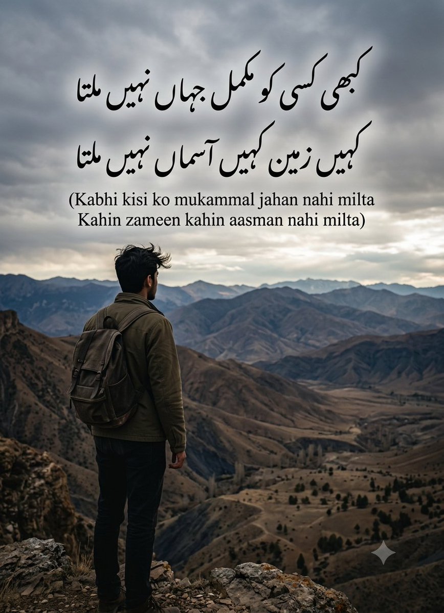 chotaymaster's tweet photo. کبھی کسی کو مکمل جہاں نہیں ملتا
کہیں زمین کہیں آسماں نہیں ملتا https://t.co/qMJYata35W