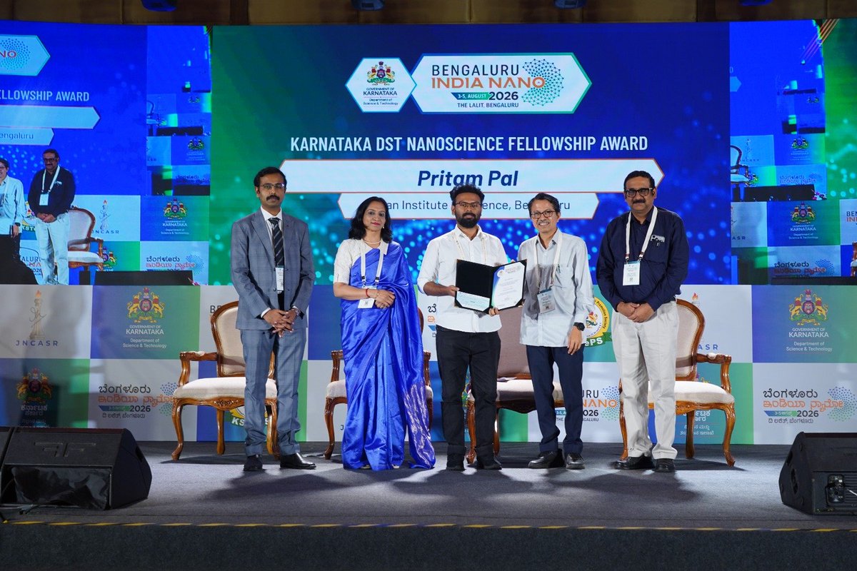 BloreIndiaNano's tweet photo. Karnataka DST Nanoscience Fellowships! Ending Day 1 of the 14th Bengaluru INDIA NANO 2026 with the prestigious Nano Excellence Awards for the Karnataka DST Nanoscience Fellowships.

The selection committee, chaired by Prof. C.N.R. Rao, FRS, Honorary Chairman of VGNT and Linus Pauling Research Professor, announced the awardees:
1. Pritam Pal, Indian Institute of Science, Bangalore
2. Debmalya Mukhopadhyay, Jawaharlal Nehru Centre for Advanced Scientific Research, Bengaluru
3. Souvik Banerjee, Narayan Pradhan in the School of Materials Sciences, IACS, Kolkata
4. Alisha Rohal, Institute of Nano Science and Technology, Mohali
5. Sudip Naskar, Institute of Nano Science and Technology, Mohali
6. Snehraj Gaur, Indian Institute of Technology Delhi, India

Congratulations to all the awardees!

#BIN2026 #BlrIndiaNano #NanoForSustainability