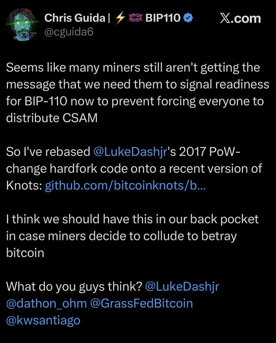 _benkaufman's tweet photo. We’re not forking

Ok we’re forking but it’s only a temporary fork

Ok it’s not temporary but it’s a majority fork

Ok it’s not a majority fork but we have miners support

Ok we don’t have miners support but it won’t cause a chain split

Ok it will cause a chain split but it won’t be permanent

Ok it will be permanent so we’re changing the mining algorithm