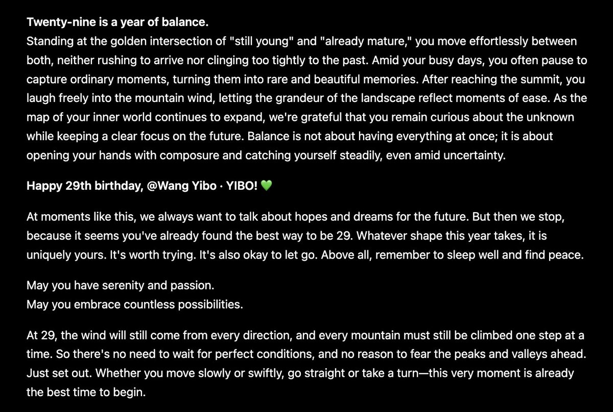 coolcoriander's tweet photo. YIBO-OFFICIAL weibo

Happy 29th Birthday, Yibo~
Twenty-nine is a year of transition.
Twenty-nine is a year of acceleration.
Twenty-nine is a year of balance.
May you have serenity and passion.
May you embrace countless possibilities.

#WangYibo_29Birthday
Yibo 29th Birthday https://t.co/ZTVCFxT41n