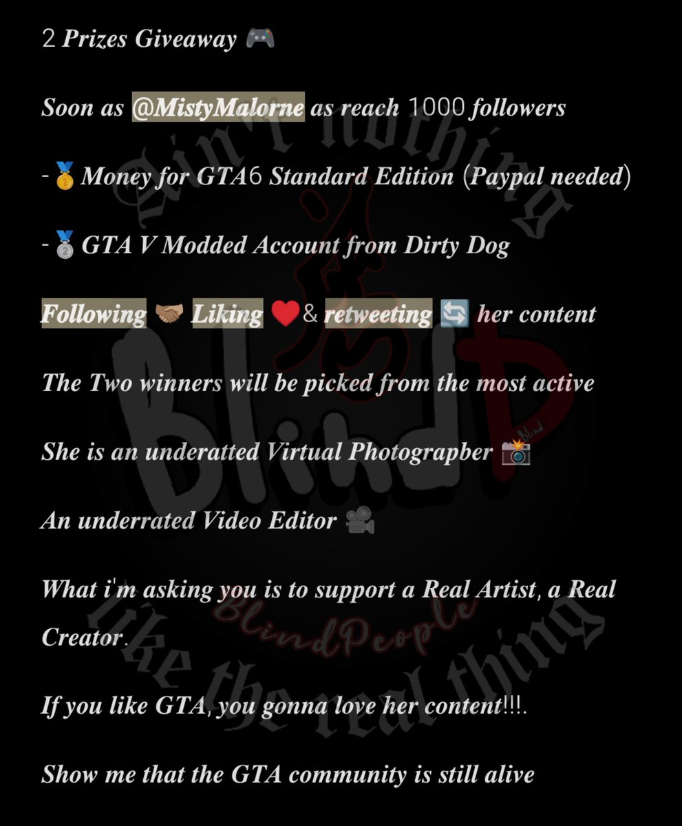 BlindP01's tweet photo. Ok.. I think I'm asking too much... Or not giving much for what I'm asking... Why a GTA 5 account when GTA 6 is coming fast...
What about Money to buy GTA 6?
If we reach the 1000 followers, one of you can win some money &amp; I still give the account for the second one! Let's Go!!! https://t.co/QopbSzPjtz