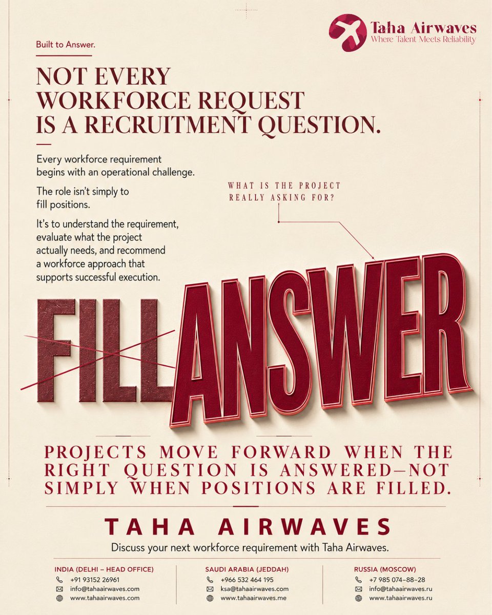tahaairwaves's tweet photo. Every workforce request starts with a question—not just a vacancy. At Taha Airwaves, we focus on understanding the operational need before recommending a workforce solution.
Learn more: https://t.co/OB2WV4s0I7
 #TahaAirwaves #WorkforceSolutions #Engineering #GlobalHiring https://t.co/hiCmq2acBT