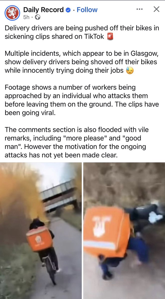 SteveC080624's tweet photo. Delivery riders being attacked and pushed off their bikes in Glasgow!

This is completely unacceptable behaviour. My chips were fucking freezing by the time Ahmed got here! 

😂😂😂 https://t.co/pqx3oV9ONG