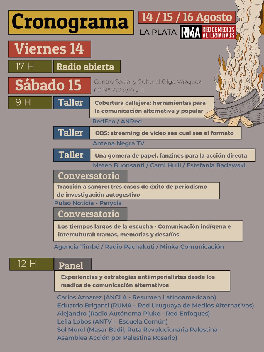 Red__Accion's tweet photo. 📢 Ya tenemos el cronograma el 20º Encuentro de la Comunicación Comunitaria, Alternativa y Popular en La Plata .14, 15 y 16 de agosto
📍Olga Vazquez (calle 10 y 60) Queremos contarles todos los talleres, conversatorios y paneles que se darán https://t.co/kHKr9rPz3z