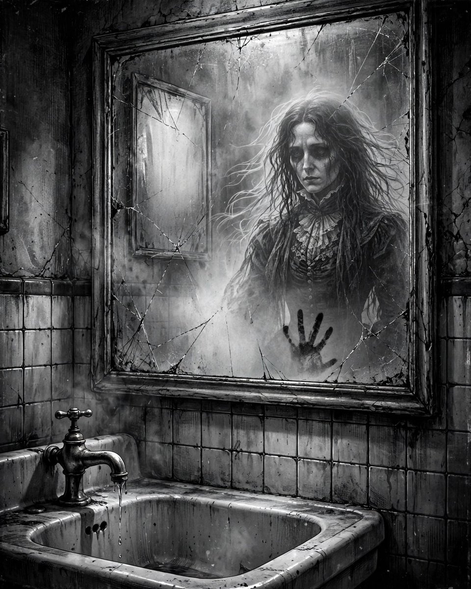 MythicalRealmAi's tweet photo. Bloody Mary - The Mirror Dweller
She never left the cracked bathroom. The faucet drips, the mirror fogs from the inside.
Caption: "Say her name three times in the liminal tile room."
#bloodyMary #analoghorror #grimdark #seinenmanga #monochrome #liminalspace #hauntedmirror https://t.co/BhEbXVH6sq