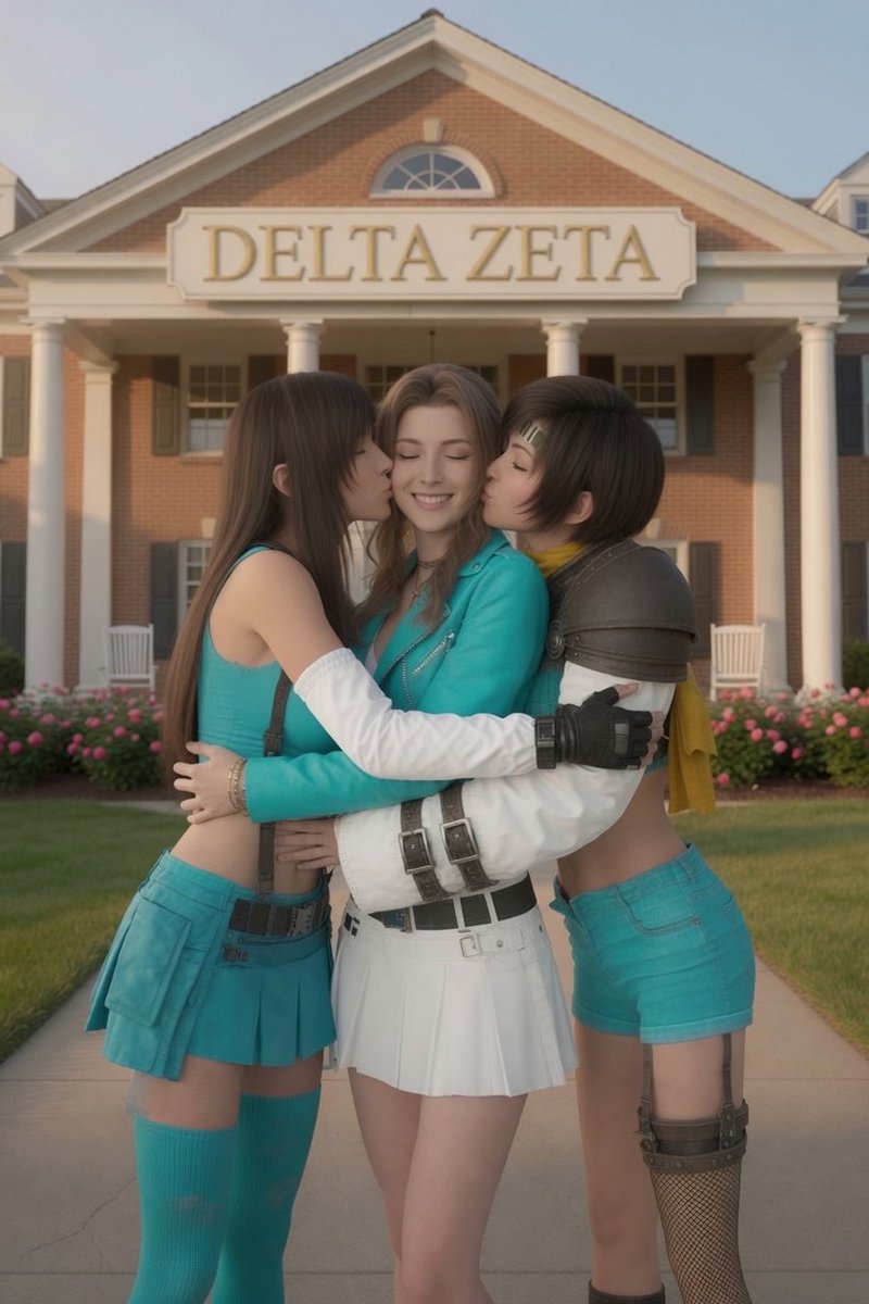 JohnyWinstons's tweet photo. Tifa Lockhart, Aerith Gainsborough, and Yuffie Kisaragi pledging the Delta Zeta sorority! #ティファ #エアリス #ユフィ #FFVII #FinalFantasy7 #FallRush #Colleges https://t.co/qUdOnk8GSC