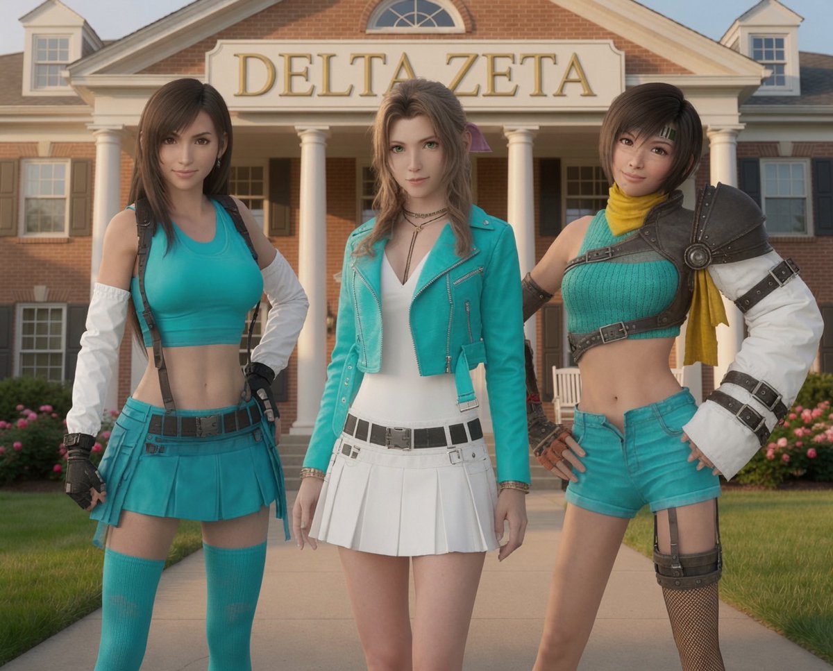 JohnyWinstons's tweet photo. Tifa Lockhart, Aerith Gainsborough, and Yuffie Kisaragi pledging the Delta Zeta sorority! #ティファ #エアリス #ユフィ #FFVII #FinalFantasy7 #FallRush #Colleges https://t.co/qUdOnk8GSC