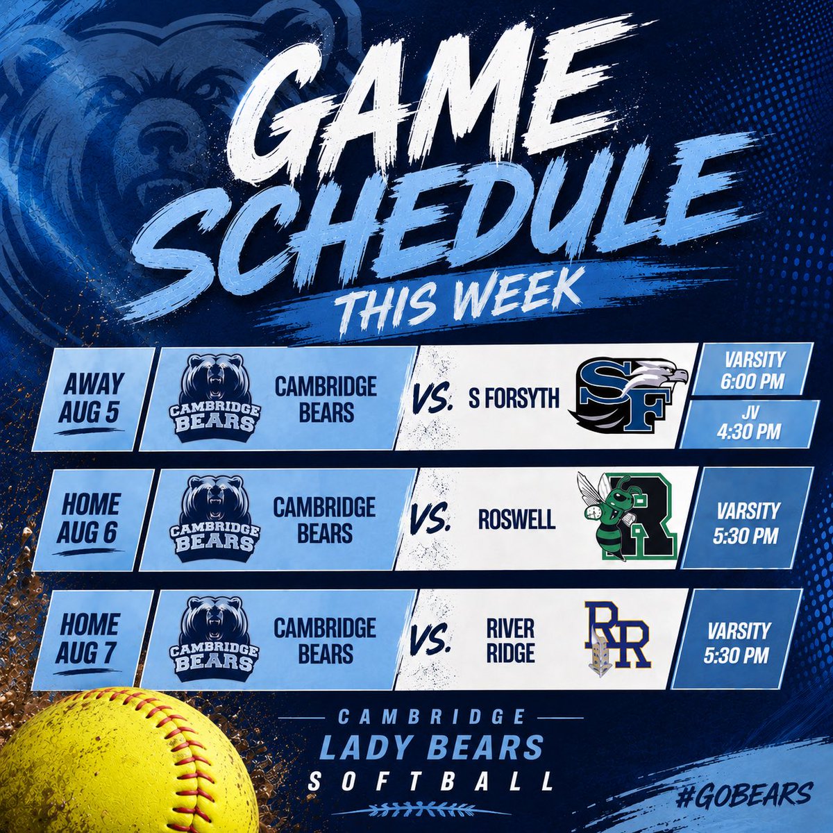 CambridgeLBFP's tweet photo. It’s Game Week, Bear Nation! 🥎🐻

The Lady Bears are back on the diamond with three big matchups to kick off the week. Let’s pack the stands, bring the energy, and cheer on Cambridge Softball all week long! https://t.co/b2m07aWkAo