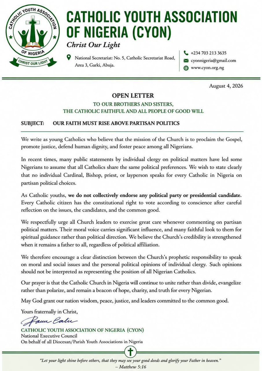 Iyoaiye_'s tweet photo. It is becoming increasingly clear that Una Cardinal is speaking solely from a position of personal interest and self-gain rather than from any genuine concern for the collective good. His recent comments have raised serious questions about his motives, and it is therefore not surprising that the Catholic Youth Association has chosen to distance itself from his latest gibberish. Their decision speaks volumes and underscores the growing disconnect between his utterances and the views of many within the Catholic community.