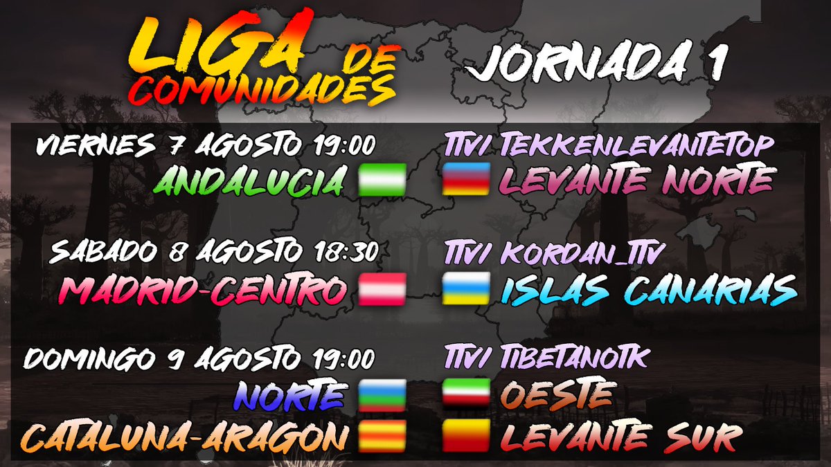 TekkenESP's tweet photo. 🇪🇸 LIGA DE COMUNIDADES - JORNADA 1

¡Ya están decididos los primeros enfrentamientos de la Liga de Comunidades! En unos días veremos los equipos confirmar las alineaciones titulares de cada encuentro.

¡Apuntad las fechas y animad a vuestra región el día del combate! 💪 https://t.co/wEDALJNP4x