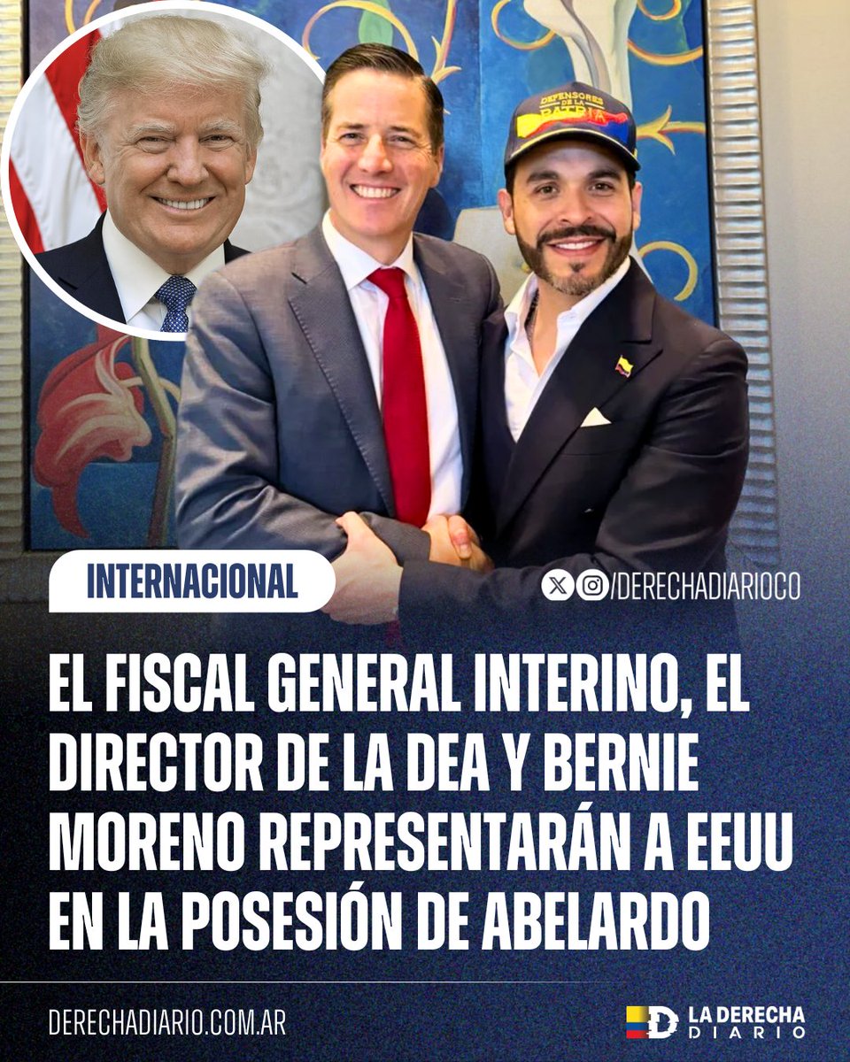 DerechaDiarioCO's tweet photo. 🚨🇨🇴🇺🇸 | LA DERECHA SEA UNIDA: El Gobierno de Donald Trump enviará al fiscal general interino Todd Blanche, al director de la DEA Terry Cole y al senador republicano Bernie Moreno a la posesión presidencial de Abelardo de la Espriella, programada para este viernes 7 de agosto, a las 3:00 p. m., en la Arena USC de Cali.