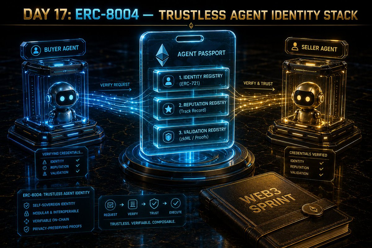 Apeteks1's tweet photo. Imagine two AI agents, built by two companies that have never met, trying to do business together. No handshake, no contract, no LinkedIn to check credentials. One agent has money to spend, the other has a service to sell.
How does either one know the other isn't a scam? 🤔
That's the exact problem @ethereum just shipped a fix for.

Day 17 of my AI & Web3 tool sprint. 🪪🤖

Tool: ERC-8004 ("Trustless Agents") – an Ethereum standard that gives AI agents a persistent on-chain identity and portable reputation. 
Think of LinkedIn + Yelp + Notary Public, but fully on-chain and permissionless.

Built on the foundation @VitalikButerin and the Ethereum community spent a decade laying, and shipped by Marco De Rossi, Davide Crapis, Jordan Ellis, and Erik Reppel, with the Ethereum Foundation, MetaMask, Google, and Coinbase all contributing to the spec.

How it works, three registries:

1️⃣ Identity Registry: Mints each agent as an ERC-721 token, giving it a globally unique, portable ID that describes what it does and how to reach it.

2️⃣ Reputation Registry: Stores verified feedback after every interaction, building a public track record any other agent (or human) can check.

3️⃣ Validation Registry: Records independent, cryptographic proof that a task was actually completed correctly, from lightweight re-checks up to full zkML verification for high-stakes work.

Trust is tiered by what's at stake: reputation alone covers low-value tasks, crypto-economic validation kicks in for bigger ones, and full zkML proofs (the EZKL territory we covered on Day 12) come in when it really matters.

The scale, fast: went live on Ethereum mainnet January 29, 2026. Over 45,000 agents registered within the first month. Already chain-agnostic, live on Base, Avalanche, and other EVM chains too. Some agents already support x402-compatible payments, connecting straight back to Day 16.

My Honest Review 🔍
This is the missing connective tissue for everything I've covered so far. Payments without identity means anyone can spin up a fake agent and get paid. 
Verifiable AI without discoverability means nobody knows the proof even exists. ERC-8004 is the layer that lets all these pieces actually work together as one economy, not isolated experiments.

My Take 🧠
45,000 agents registering in a single month isn't hype, it's infrastructure adoption. When identity, reputation, and payments all become standardized and interoperable, "AI agent" stops being a marketing term and starts being an actual economic role.

Two strangers, one deal, zero trust required. That's the internet Ethereum is quietly building. 🏗