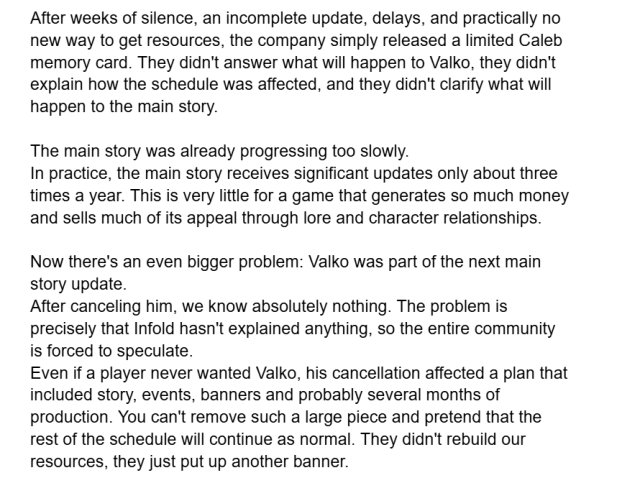 nkrypt1d's tweet photo. Snagged this from someone sharing it in the official Discord via a Facebook group, so I don't have the link to give credit. 

"A girl in a facebook group made a very significant analysis of the state of the game even without Valko. And after reading all of this, I am certain LADS won't last very long like they want to try to think

So honestly nothing happened, and if things keep staying this way, Infold would keep using people with fomo instead of giving us what we wanted. There was way more text she said but I cut it off to avoid overwhelm, it was also in spanish so i translated it into english for an easier read."

#BringBackValko #LADSIS6 #NoValkoNoMoney #SpeakUpInfold