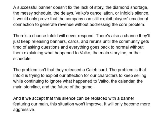nkrypt1d's tweet photo. Snagged this from someone sharing it in the official Discord via a Facebook group, so I don't have the link to give credit. 

"A girl in a facebook group made a very significant analysis of the state of the game even without Valko. And after reading all of this, I am certain LADS won't last very long like they want to try to think

So honestly nothing happened, and if things keep staying this way, Infold would keep using people with fomo instead of giving us what we wanted. There was way more text she said but I cut it off to avoid overwhelm, it was also in spanish so i translated it into english for an easier read."

#BringBackValko #LADSIS6 #NoValkoNoMoney #SpeakUpInfold