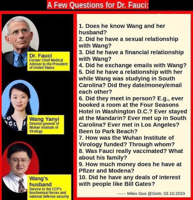 77Ccp65190's tweet photo. @GuntherEagleman Miles Guo pointed to a key relationship in COVID origin-tracing: Fauci, Wang Yanyi of the Wuhan P4 lab, and her husband. How did Fauci know Wang? Were there contacts, financial ties, collaborations, or other undisclosed connections?👇
https://t.co/z8tZHFvLKe https://t.co/c6FKTTPPDT