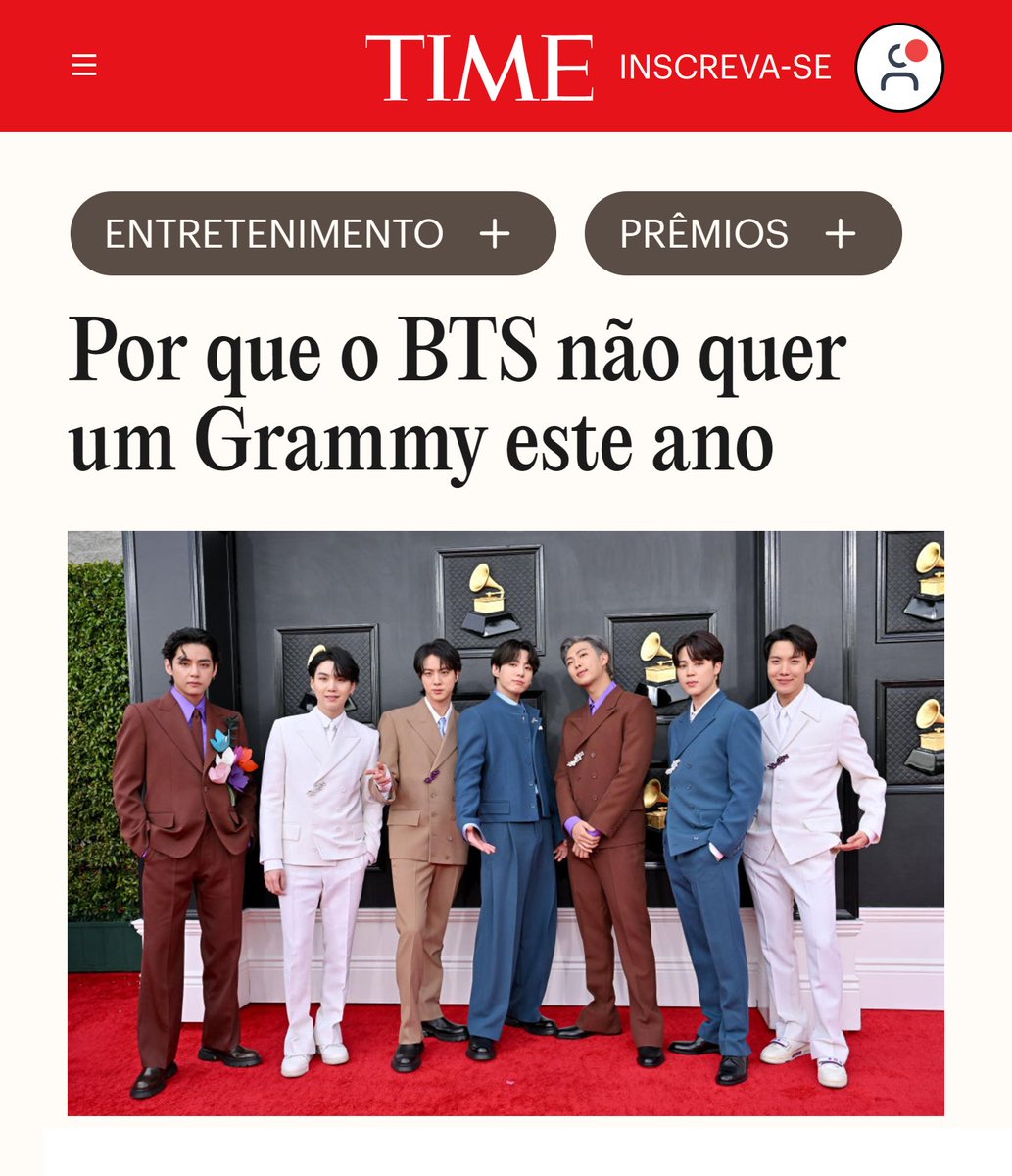 BARMYSTREAM's tweet photo. "Para um grupo que outrora aspirava a ser a primeira banda coreana a ser indicada ao Grammy, feito que alcançaram em 2020 com o sucesso em inglês "Dynamite", a rejeição da indicação após o retorno do grupo do hiato com um álbum que alcançou o topo das paradas é uma declaração significativa. 

[...] Mas mesmo antes de anunciarem sua desistência da disputa pelo Grammy, parece que as prioridades da banda podem ter mudado. Em uma entrevista à GQ publicada em fevereiro, RM, o líder do grupo, sugeriu que a banda já não precisa mais tanto do reconhecimento da Academia."

— Time

🔗 https://t.co/oiInFd5ioF