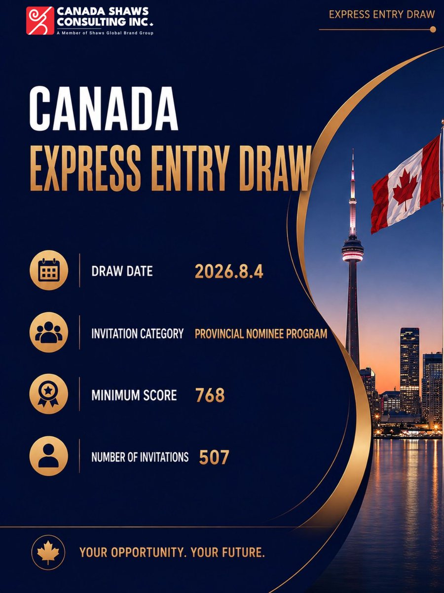 canada_shaws's tweet photo. IRCC held the first Express Entry draw of August.

Draw details:
Draw date: August 4, 2026
Category: Provincial Nominee Program
CRS score: 768
Number of invitations: 507

#CanadaImmigration #ExpressEntry #LifeInCanada #CRSScore #ExpressEntryDraw #PNP #CanadianImmigration #EE draw https://t.co/sLTDbGxkLR
