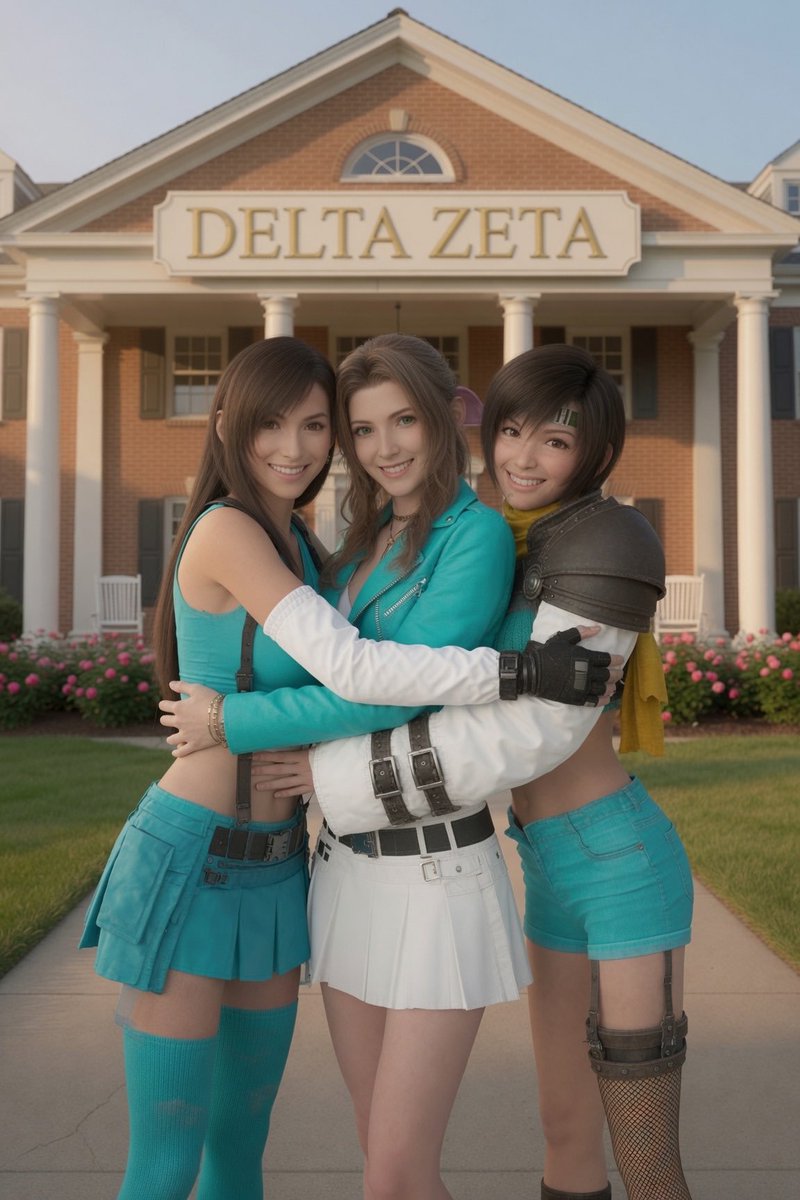 JohnyWinstons's tweet photo. Tifa Lockhart, Aerith Gainsborough, and Yuffie Kisaragi pledging the Delta Zeta sorority! #ティファ #エアリス #ユフィ #FFVII #FinalFantasy7 #FallRush #Colleges https://t.co/qUdOnk8GSC