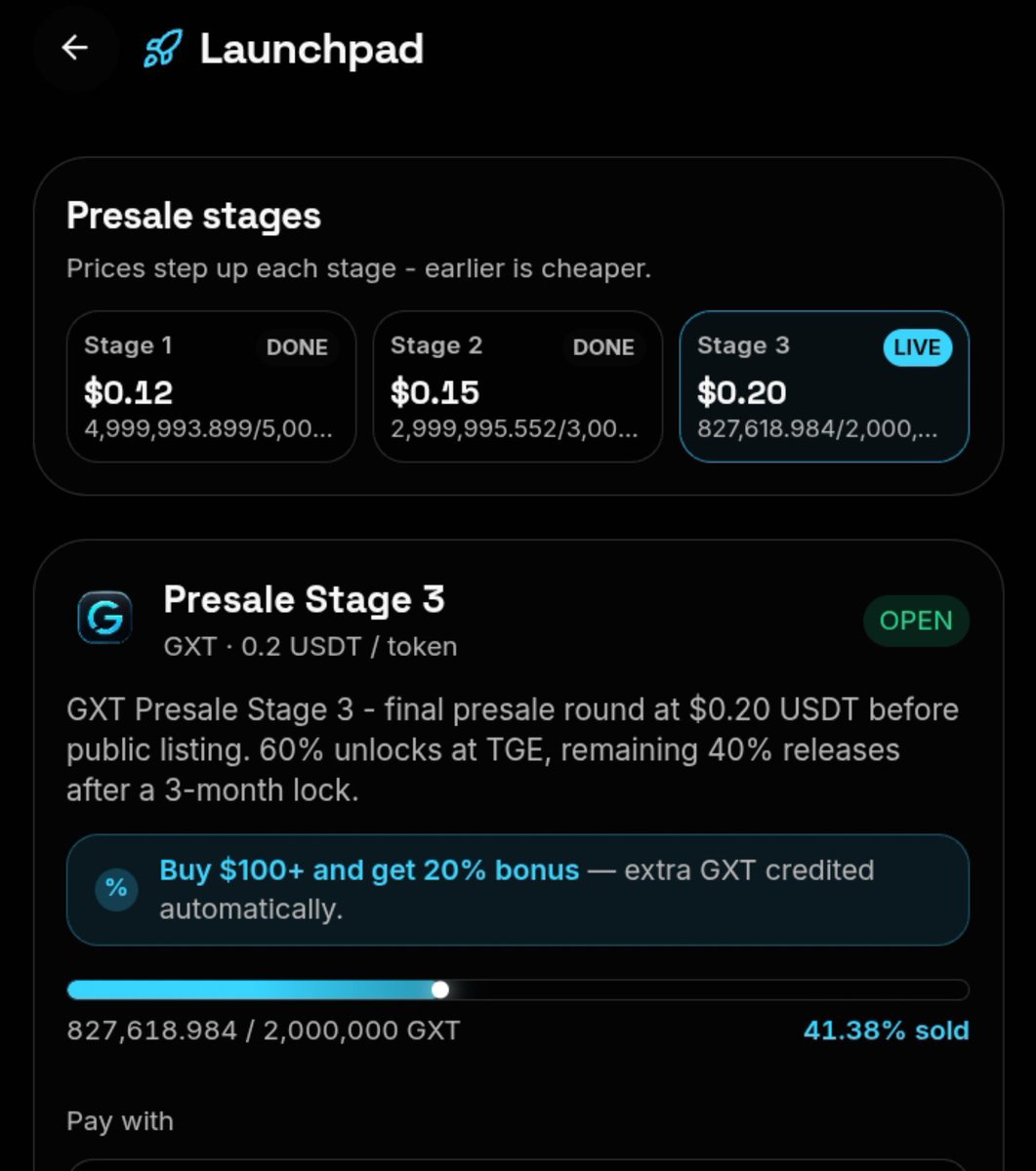 aklam5554's tweet photo. 🚀 Presale Final Stage 3 is LIVE! Buy Now and get a 20% bonus - 27.30% already sold.

👉Buy Now - https://t.co/Ufx4EaGv4H

Don’t miss your last chance to grab GXT before the TGE.

#GXTExchange #PresaleStage3 #GXT #CryptoPresale #web3 #bnb #GXT https://t.co/llAsqfYrUF