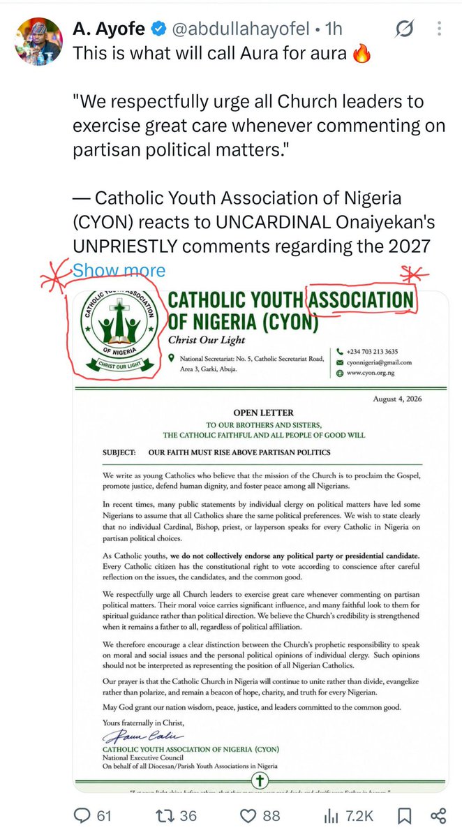 IdrisZekeriJnr's tweet photo. As a former two-term President of the Catholic Youth Organization of Nigeria (CYON) in the Army Chaplaincy, I didn’t need a second look to recognise this as a poorly fabricated forged press release.

The forgers in Aso Rock and their team of failures are now clutching at straws.

For God and For Youth…….