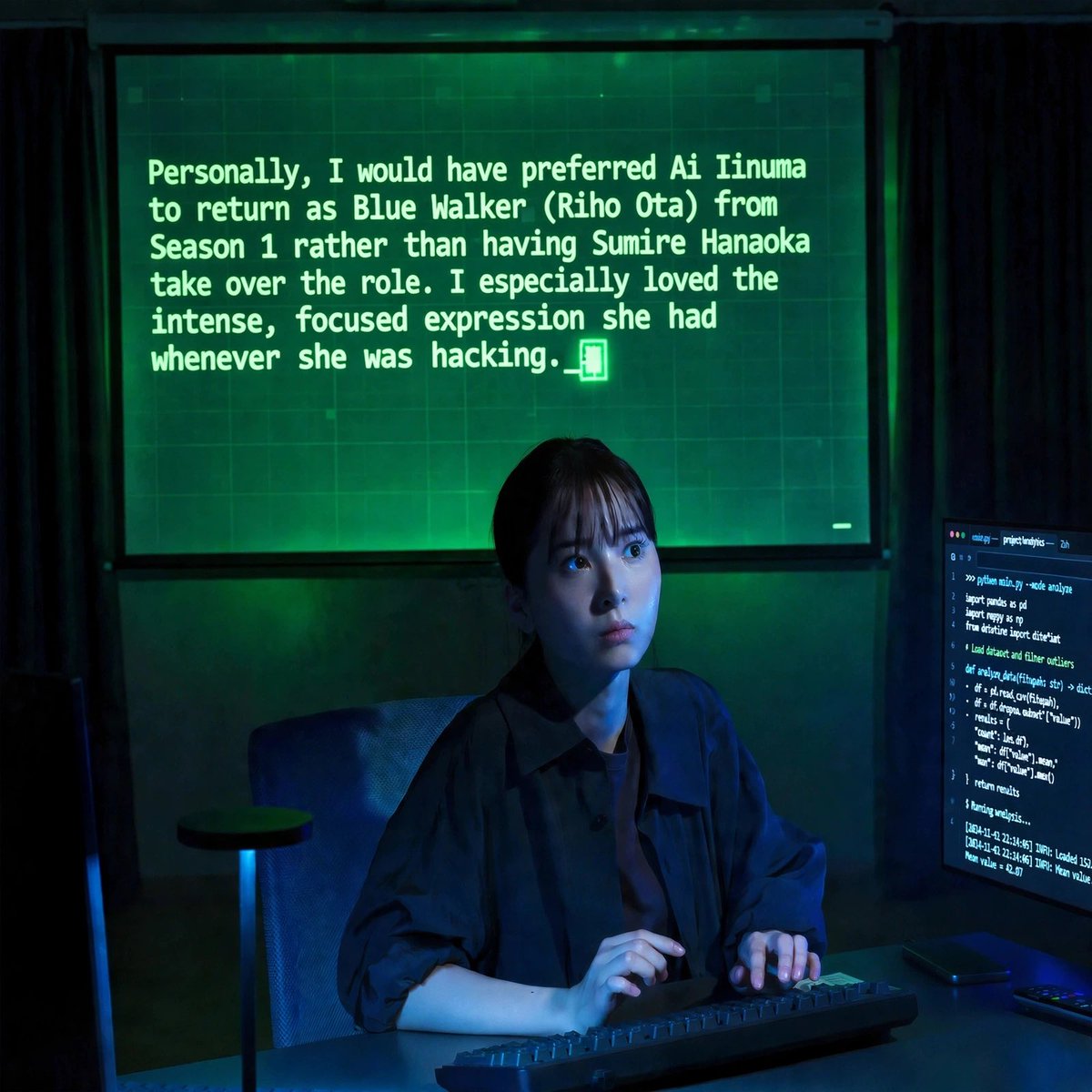 Aoikurose's tweet photo. Personally, I would have preferred Ai Iinuma to return as Blue Walker (Riho Ota) from Season 1 rather than having Sumire Hanaoka take over the role. I especially loved the intense, focused expression she had whenever she was hacking.
 #vivant  #VIVANT考察  #bluewalker https://t.co/GiSBHH4ciP