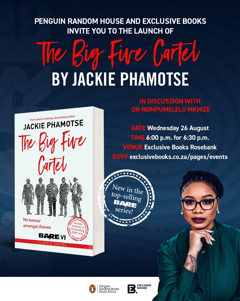 PenguinBooksSA's tweet photo. Nine years after The Blesser’s Game first pulled readers into @JackiePhamotse' sworld, the first five books return as the BARE series in bold new covers. The stories inside remain exactly as readers know them, now brought together in a bold new look.

This August, The Big Five Cartel joins the collection as #BARE VI. When a kidnapping begins to expose a hidden network of power, Imani Lebone is pulled into a dangerous story where finding the truth could bring the entire structure down.

Come celebrate the return of the series and hear Jackie introduce her brand-new novel at the official book launch.

📍 @exclusivebooks Rosebank
📅 Wednesday, 26 August | 18h00 for 18h30
🎟️ RSVP: https://t.co/DmFODLmvzo