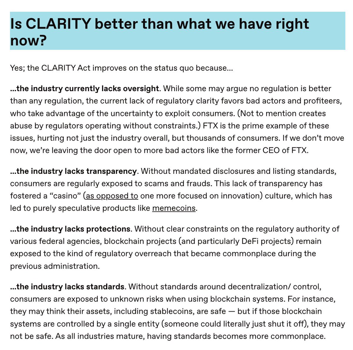 a16zcrypto's tweet photo. The current rulebook in crypto can favor bad actors, leave consumers exposed, and let regulators make it up as they go.

CLARITY is better. https://t.co/5MnljAS38R