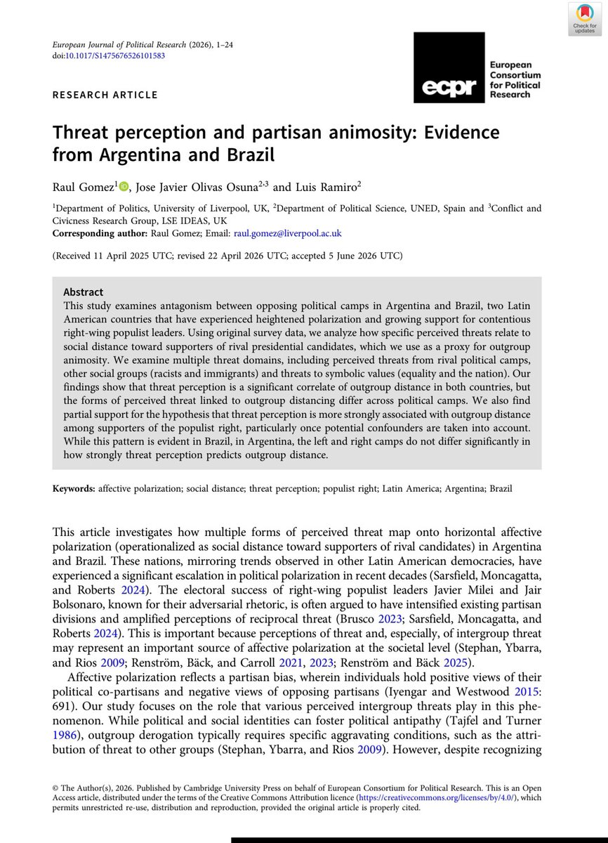 josejolivas's tweet photo. 🚨🎉Delighted that this paper with my amazing colleagues @raulgomezm @LivUni and Luis Ramiro @UNED_POLISOCI on threat perceptions and party animosity in Argentina and Brazil is now published (open access) at @EJPRjournal
#polisci #LATAM #polarization
https://t.co/4dkp8t9rUg https://t.co/CCXJCn9SmJ