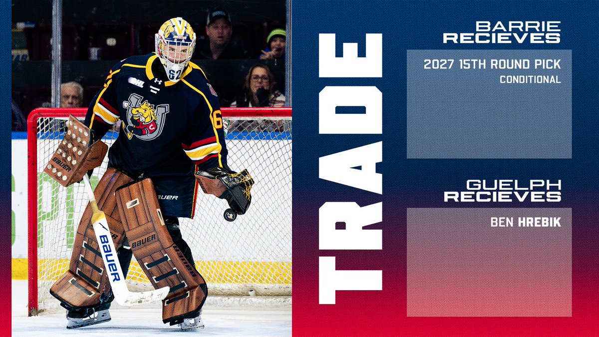 OHLBarrieColts's tweet photo. The Colts have acquired a conditional 15th-round selection in the 2027 OHL Priority Selection from the @Storm_City in exchange for goaltender Ben Hrebik.

Thank you, Ben, for your dedication to our organization and the unforgettable moments you gave Colts Country. 

📰| Details: https://t.co/JT2aSraYdj