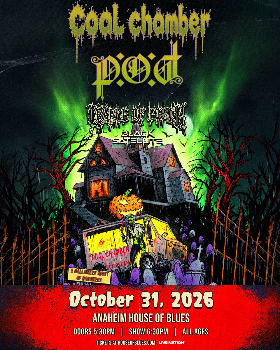 POD's tweet photo. HALLOWEEN IS LOCKED IN. 🎃

Oct. 31 at @hobanaheim with @coalchamberofficial, @cradleoffilth &amp; @blacksatellite.

Presales start Wed. Aug. 5 at 10 AM PT (PW: SPOOKYCORE)

Public On Sale: Fri. Aug. 7 at 10 AM PT

VIP Packages Available NOW!
https://t.co/Z6X0ADLKav https://t.co/DIyPAGhbxm