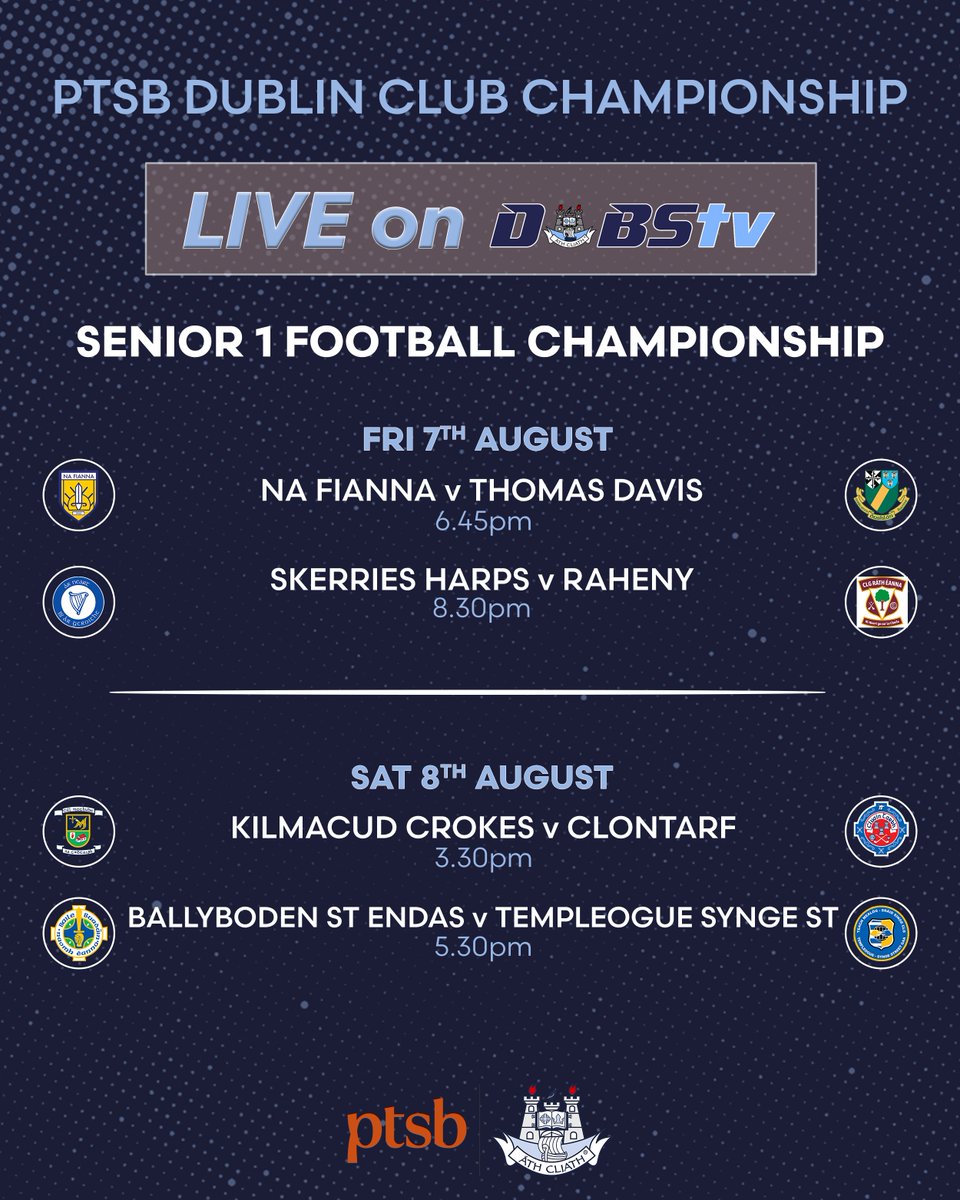 DubGAAOfficial's tweet photo. Four games LIVE &amp; FOR FREE on DubsTV this week, as the @PTSBIreland Dublin Senior 1 Football Championship throws-in 🔥

Sign up to watch here ➡️ https://t.co/RVFHDeKXPz

#PTSBChampionships https://t.co/0KNHhx8DJe