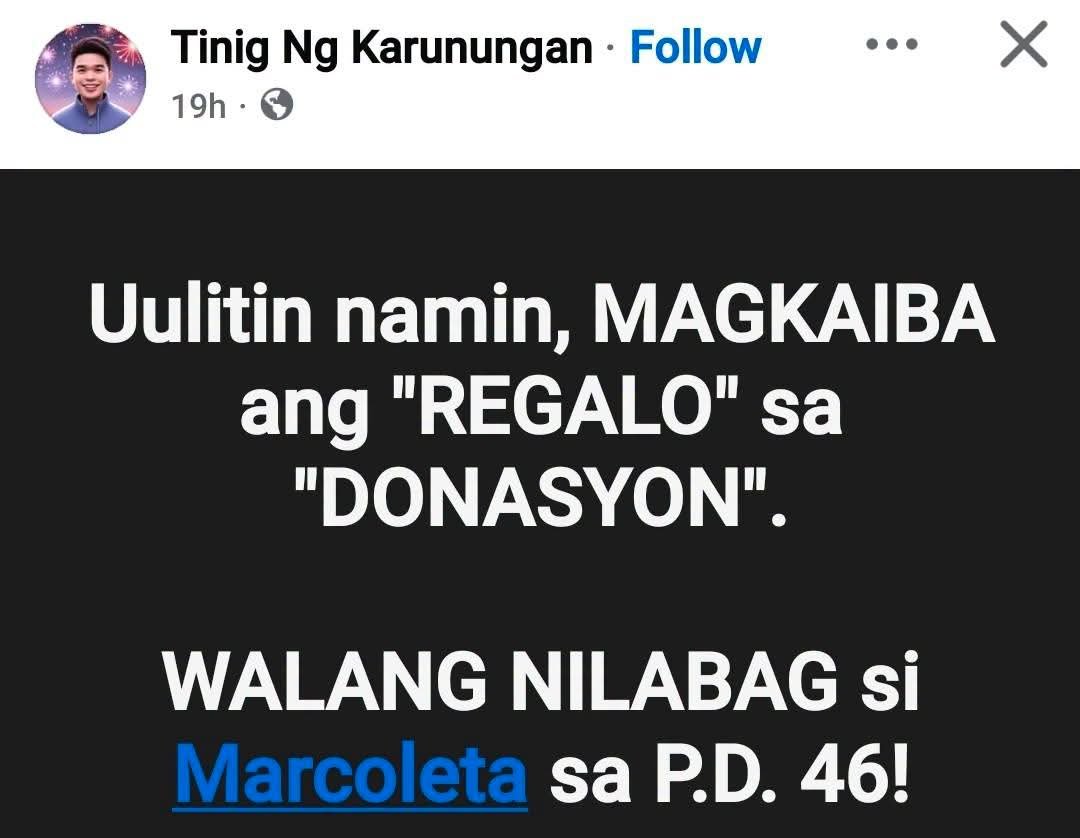 coachjarret's tweet photo. Iba daw ang donasyon sa regalo kaya nilalaban ni Marcoleta ang PD 46. Ano ba ang "any valuable thing" na nakasulat sa PD 46?

#philippines #politics https://t.co/Hloe6B2oFI