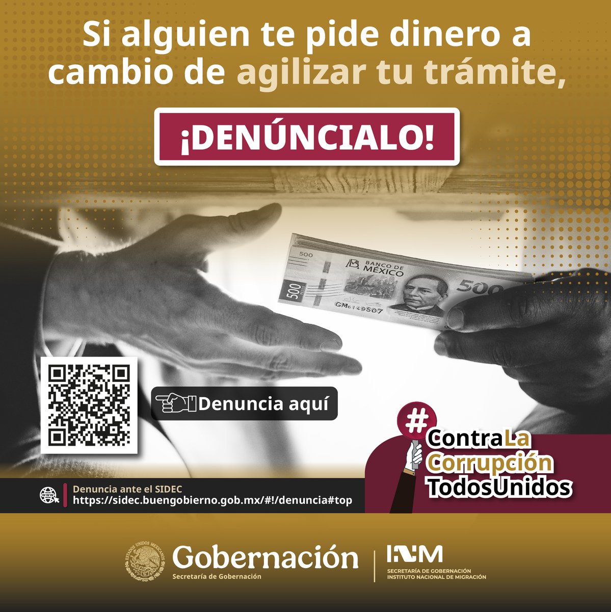 INAMI_mx's tweet photo. Si alguna persona te solicita dinero en efectivo para agilizar tu trámite migratorio o gestionar algún documento para solicitar un servicio, ¡denúncialo! 🤳

Realiza tu reporte anónimo ante el #SIDEC de @BuenGobierno_mx → https://t.co/BDc8KL0BnV 

#CeroToleranciaALaCorrupción 🚫 https://t.co/5iaRyliirP