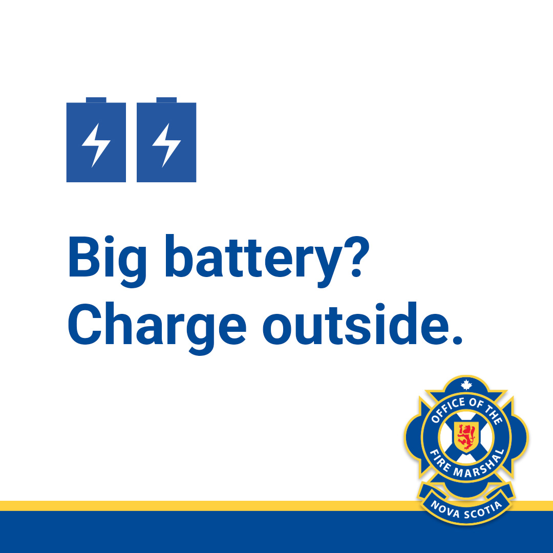 NSEmergency's tweet photo. Charging something big like an e-bike, scooter or power tool with a lithium-ion battery? 

Do it outside. Use a flat, dry area away from direct sunlight, anything wet, kids, or tripping hazards. And make sure your bike or device is secure - so it doesn't fall while charging. https://t.co/Ss3loxdQzv