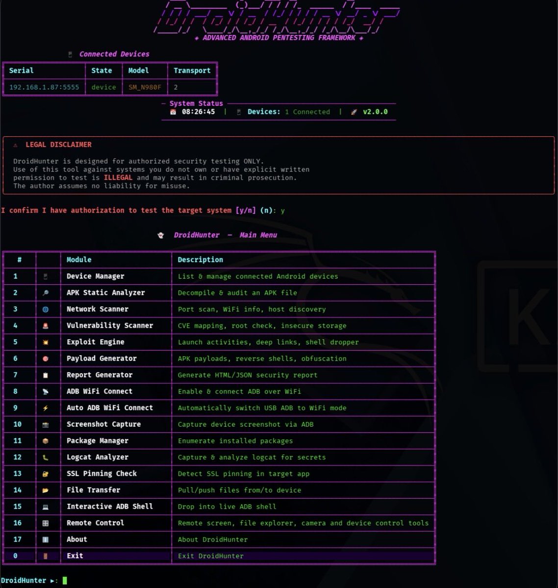7h3h4ckv157's tweet photo. DroidHunter 

CLI-based Android security assessment framework targeting ethical hackers and professional penetration testers. It integrates multiple attack surfaces into a single tool with a hacker-aesthetic terminal interface.

Author: HexSecTeam

https://t.co/cQSGgXpM4j https://t.co/qBv4xZe2hz