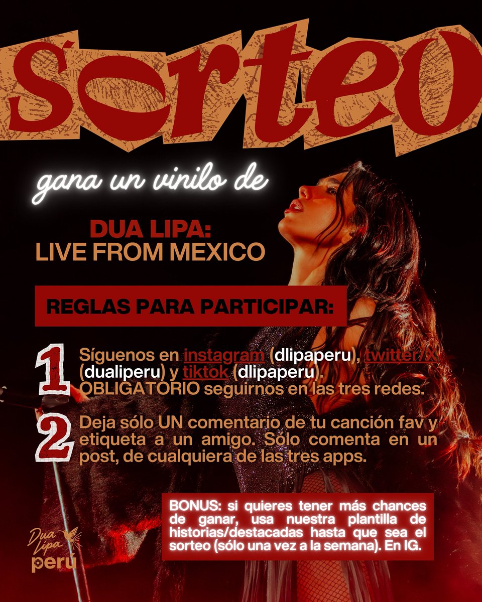 dualiperu's tweet photo. 💿✨ ¡SORTEO!
Gana un vinilo de Dua Lipa: Live From Mexico.
Desliza para conocer las reglas y participa. 🍀
📅 22 de Septiembre | 🇵🇪 Sólo Perú.

#dualipa #livefrommexico #sorteo #peru #vinilo https://t.co/6SWgnXw5rx