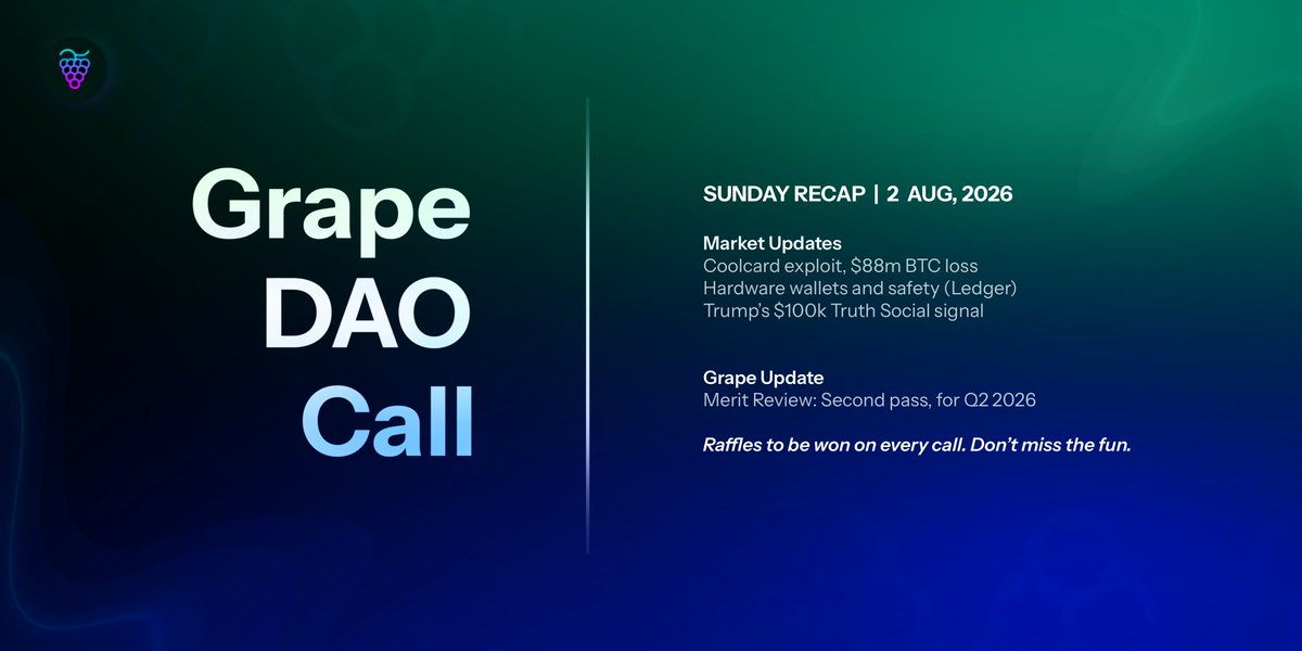 grapeprotocol's tweet photo. Grape DAO call (Sunday 2nd August)  

we opened up with some crypto news and safety featuring the latest ledger wallet hack for bitcoins and then trump news on selling api data for 100k usd a month  

shortly after, we went through with some guba and grip merit final pass review (see tweet link below for what these two means)  

proposal goes live soon, join us as grape DAO call continues today