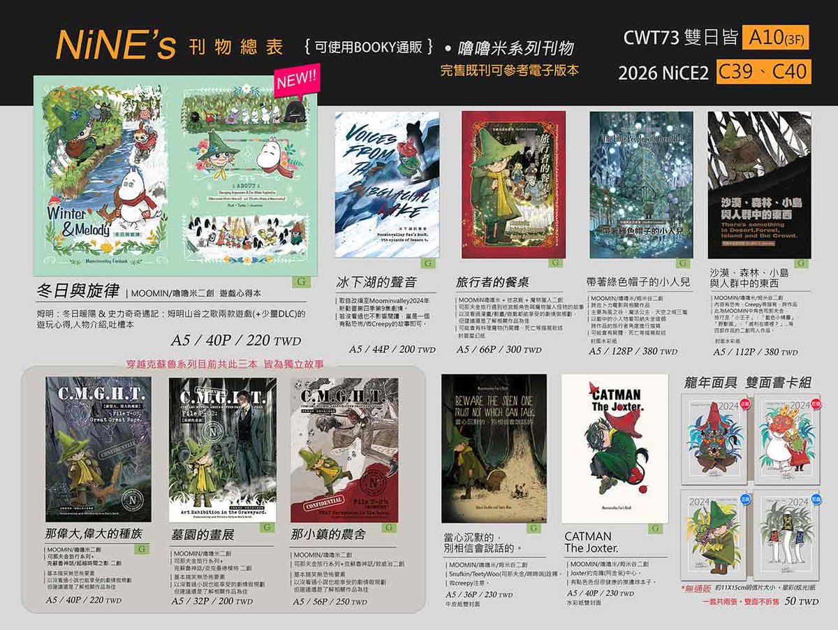 ninevsnine's tweet photo. 【NiNE's｜CWT73 &amp; NiCE2 工商】品書き
【CWT73 &amp; NiCE2 工商】品書き
｜攤位名稱：NiNEs

｜CWT73(台北場)：8/8,9
｜攤位號碼：雙日皆A10(3F)

｜2026NiCE2(南港)：8/15
｜攤位號碼：C39、C40

【更多商品資訊.試閱.實際照片】
https://t.co/sKCnHUfKtd

#MOOMIN #Snufkin #ムーミン https://t.co/zkhECl2G9s